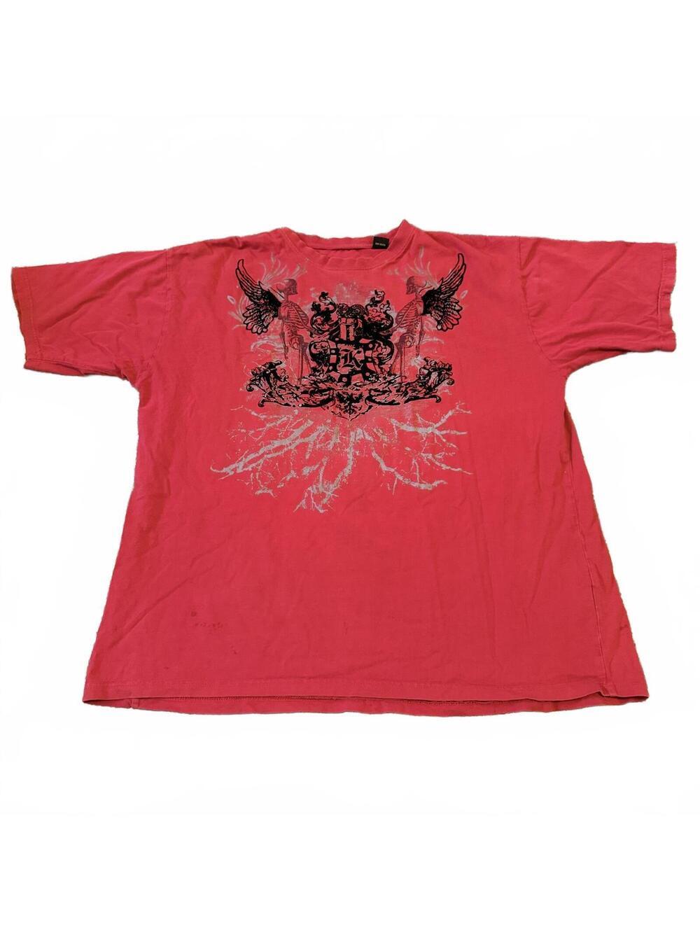 Y2K Red Gothic Skeleton Wing Graphic Tee XL Punk Emo Streetwear Shirt